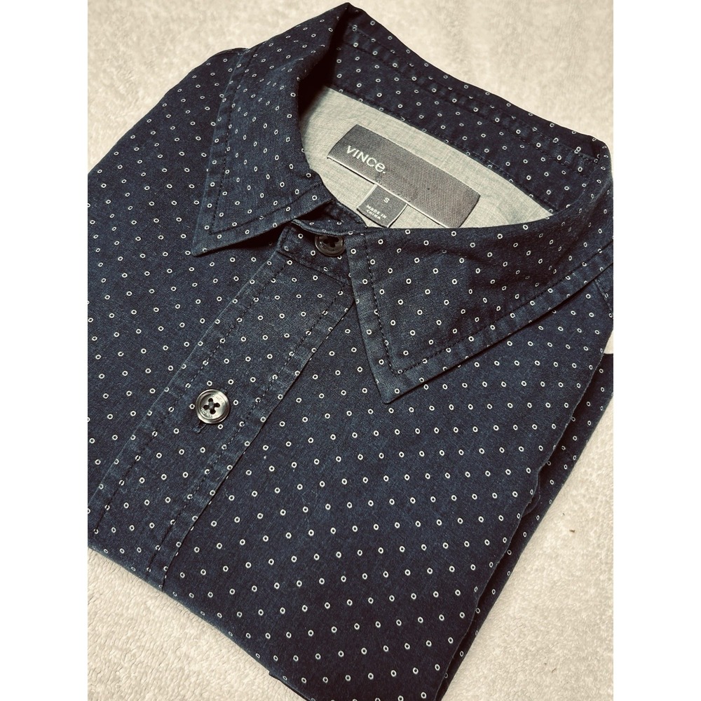 Vince Mens Size Small Long Sleeve Button Up Shirt Navy Polka Dot Style 42096-12